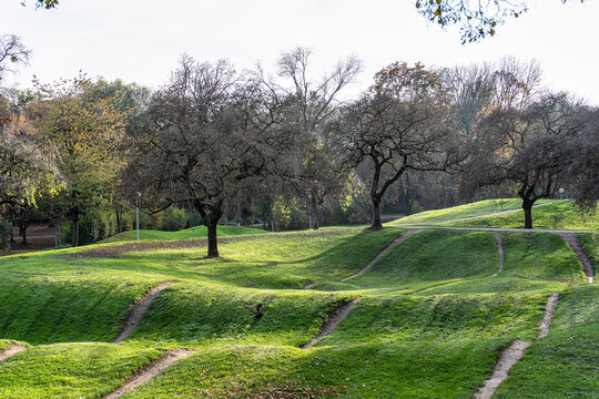 Golden autumn view in the Olympiapark in Munich, Germany, an Olympic Park for the 1972 Summer Olympics