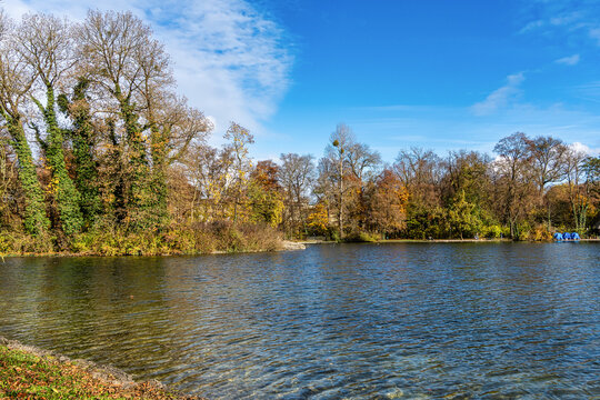 Golden autumn view in famous Munich relax place - Englischer Garten. Munich, Bavaria, Germany