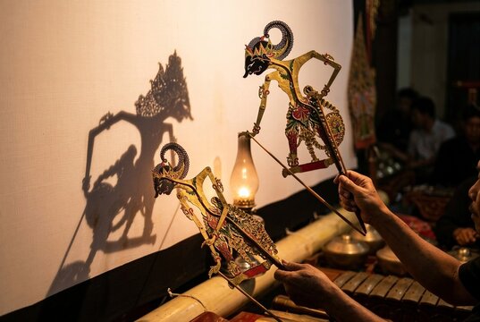 Close-up of dalang hands controlling leather wayang kulit shadow puppets behind a warm backlit cotton screen with oil lamp glow.