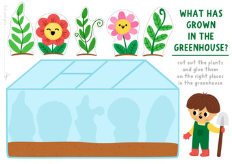 Fototapeta premium Vector garden cut and glue activity. Crafting game with cute greenhouse, flowers, kid with spade growing plants. Country house printable worksheet. Find right piece of the puzzle. Complete picture