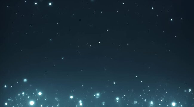 Ethereal blue background with glowing orbs rising towards a star speckled sky