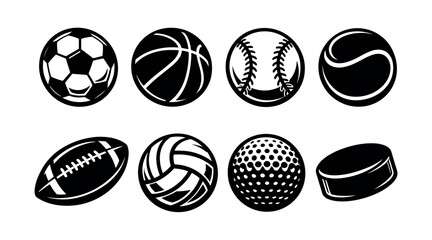 Fototapeta premium Black and white sports ball silhouettes featuring basketball soccer baseball and more