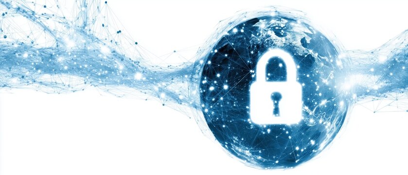 a digital security banner featuring a padlock and a globe on a white background, representing the concept of cyber network connection technology Generative AI