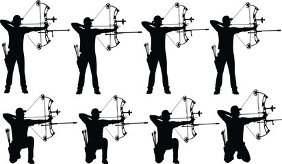 Archery silhouette illustration, compound bow archers, standing pose, kneeling stance, sports training, shooting technique, vector art, stock image, athletic design © Its Saidul 