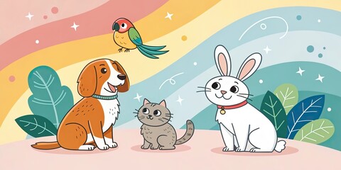 Naklejka premium National Pet Day Banner with Dog Cat Rabbit and Parrot Cartoon Characters