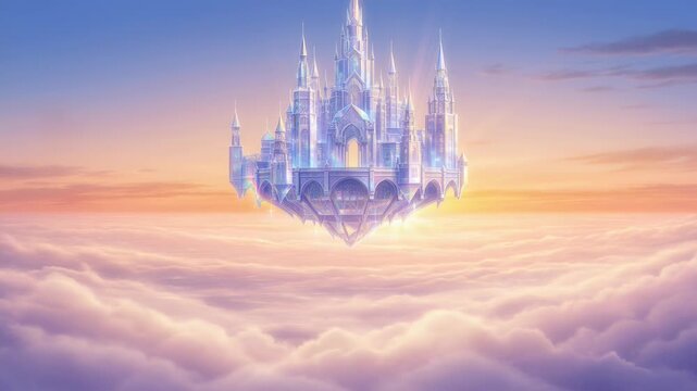 Floating Crystal Castle Amidst a Dreamy Sky with Clouds at Sunset