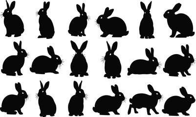 Black silhouette illustration of rabbits in various poses, sitting, hopping, crouching, upright, animal artwork design, wildlife, nature, pet art © Its Saidul 
