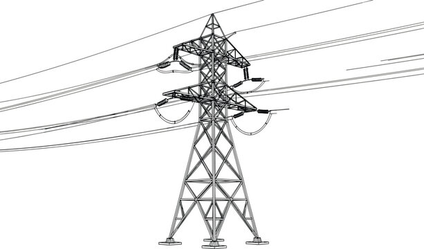 High voltage transmission tower silhouette, electricity pylon structure, power line infrastructure, energy distribution system, electrical engineering design, utility grid illustration
