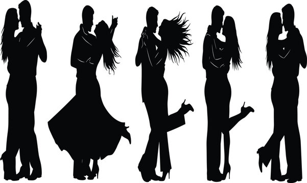 Romantic couple dance silhouettes, ballroom tango passion, Latin salsa movement, elegant partner dancing poses, intimate performance art illustration, black silhouette