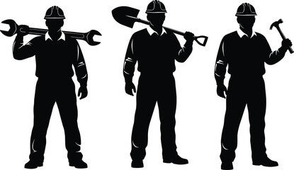 Silhouette illustration of construction workers, hard hats safety gear, holding tools wrench shovel hammer, labor teamwork concept, industrial job site representation © Its Saidul 