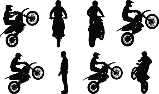Silhouette illustration of dirt bike riders, performing stunts jumps wheelies, extreme sports concept, motocross action, helmet safety, adventure lifestyle representation
