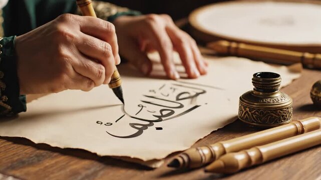 Person writing elegant Arabic calligraphy on old paper with traditional pen