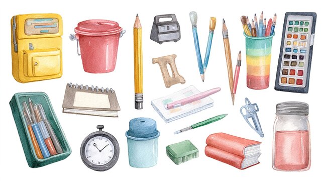 Assorted stationery tools spread across workspace background, colorful education supplies concept, creative learning layout, study preparation theme, back to school season.