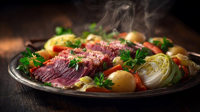 A steaming plate of corned beef and vegetables on a dark wooden table