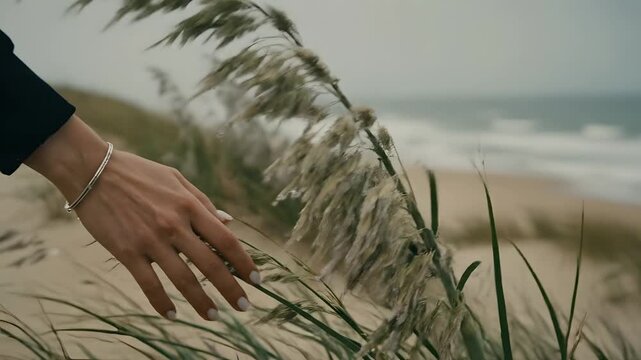 Female hand with a silver bracelet gently touches tall, feathery pampas grass on a windy sand dune, with the ocean and waves in the blurred background, evoking coastal serenity and nature's touch.
