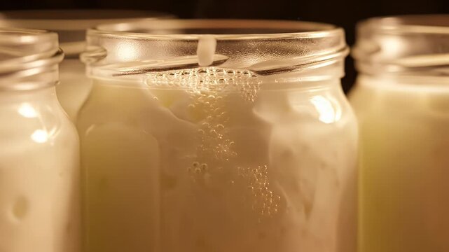 Close Up Macro Slow Motion of Dairy Fermentation Process in Glass Jars Showing Creamy White Yogurt Culture Developing with Subtle Bubbles and Ripples Creating a Rich Food Science Background