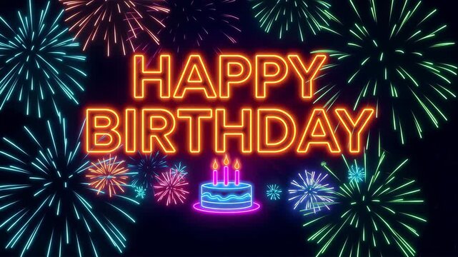 濃紺の背景にネオングローで輝くHAPPY BIRTHDAYデザイン