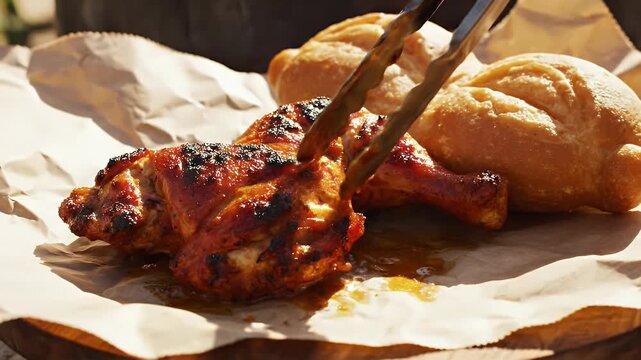 Close Up Of A Deliciously Grilled Jamaican Jerk Chicken Quarter Being Served With Soft Bread Rolls Outdoors On A Sunny Day