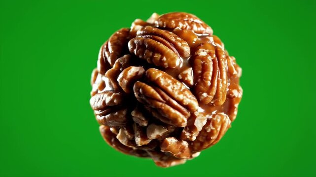 Close up of a detailed pecan praline sphere with glossy caramel glaze and chopped nuts isolated on a vibrant green background