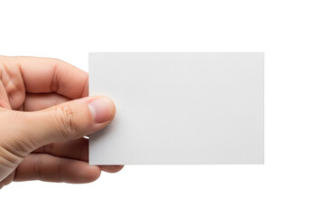 Obraz premium Human hand holding a blank white rectangular paper card for displaying professional information text