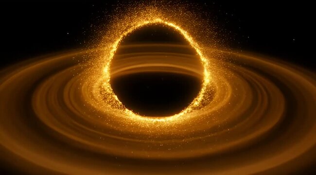 Vibrant golden accretion disk surrounding a supermassive black hole in deep space