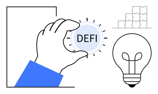 Decentralized finance concept. Decentralized finance ed by hand holding DeFi coin, puzzle elements, and light bulb. Decentralized finance innovation, cryptocurrency, blockchain. Suitable for crypto