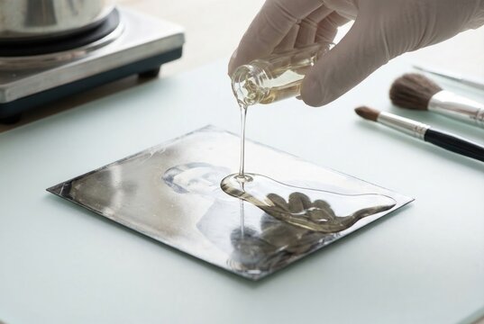 Pouring clear protective varnish or collodion liquid from a small glass vial onto an antique photograph