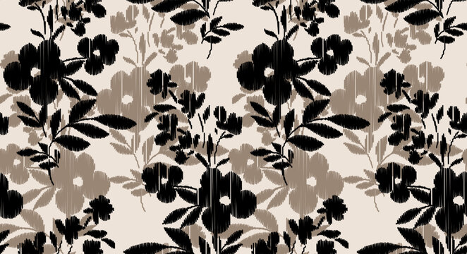 seamless scribble flowers pattern. Hand draw abstract ikat pattern.
