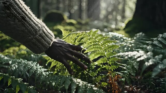 Hand gently brushes dewy green fern leaves in a lush, sun-dappled forest, symbolizing nature connection, environmental care, tranquility, and outdoor wellness.