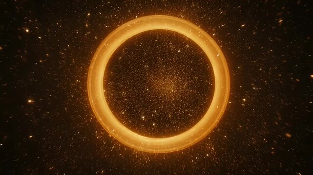 Abstract visualization of space with a golden torus and sparkling particles