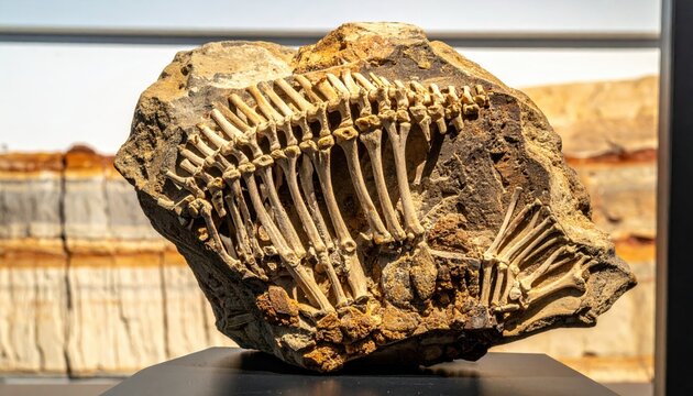Detailed ancient skeletal remains fused into sedimentary rock, showcasing prehistoric life preserved through eons.