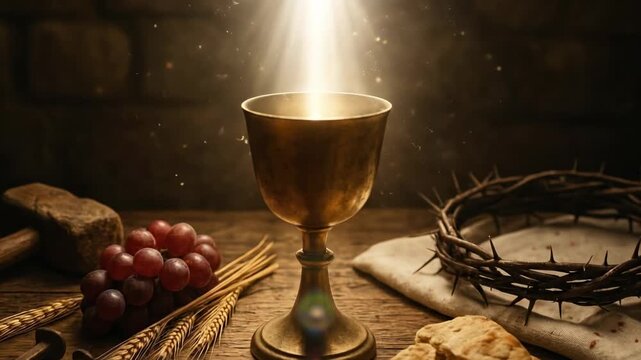Holy Communion and Passion of Christ concept. Divine light shining on a golden chalice with broken bread, grapes, crown of thorns, hammer, and rusty nails on a rustic wooden table. Easter video