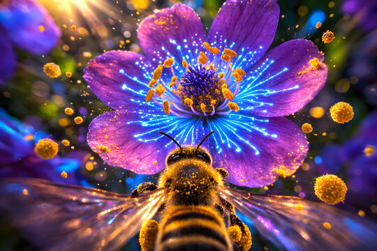 Bee point of view flying toward a glowing flower with ultraviolet nectar guide patterns. Macro perspective with floating pollen, vibrant colors and scientific visualization of how bees see flowers.
