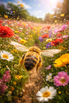 Bee point of view flying through a vibrant wildflower meadow, pollen dust sparkling in the air, macro insect perspective with dynamic motion and bright spring colors, immersive nature scene.
