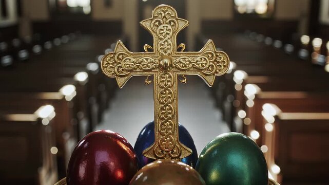 Colorful Easter eggs and gold cross in church during Easter celebration service in spring season