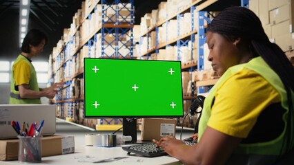 Warehouse worker in a hi vis vest uses copy space display with shipping software technology, packaging systems and inventory management tools. automation in e-commerce logistics. Camera A. © DC Studio