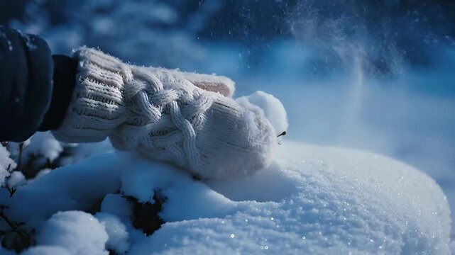Hand in white knitted mitten gently brushes fresh, pure snow from a winter evergreen bush, capturing a serene, cozy winter scene. Ideal for holiday greetings, Christmas ads, seasonal promotions,