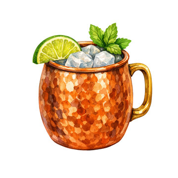 A watercolor vector of a Moscow mule cocktail in a copper mug with lime and mint garnish for bar drink illustrations, cocktail menu designs, and refreshing beverage clipart.