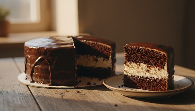 Chocolate Ganache Cake with Cream Filling on Wooden Table