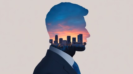 A silhouette of a man with a city skyline and sunset inside, symbolizing the connection between personal identity and urban life.