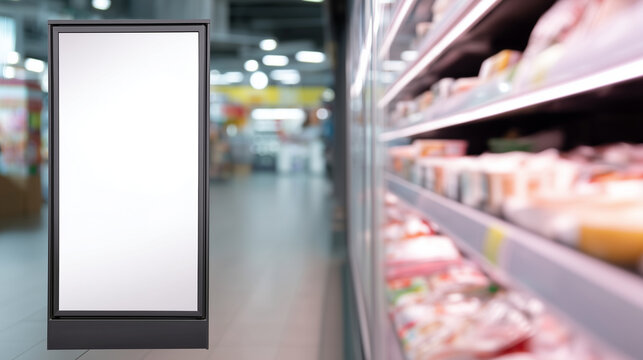 Vertical blank promo screen next to refrigerated products in bright grocery store Bright grocery store scene with a blank vertical promo screen positioned beside a refrigerated dis