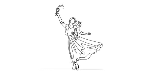 Obraz premium Happy woman cheers line art, continious line drawing. Girl dancing, holding a glass of wine in her hand. Vector illustration 