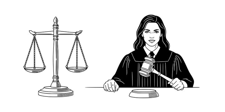 Symbol of justice and order continious line art drawing. Libra or law identity concept. Woman judge holds a judge's gavel in her hand. Vector illustartion isolated on white background.