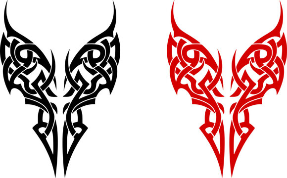 Neo tribal art constructor. Y2k cyber sigil aesthetic tattoo, simmetric ethnic celtic shape. Vector illustration of emo gothic tribal tattoo designs, acid metal music poster. 