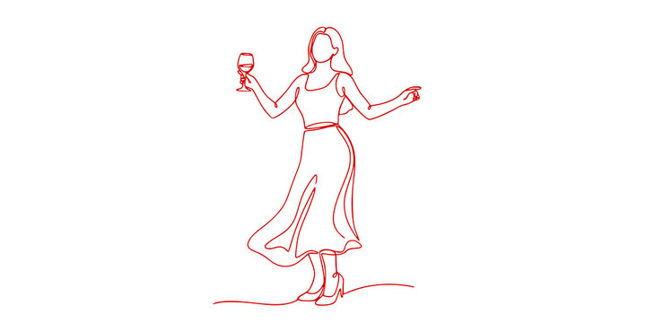 Happy woman cheers line art, continious line drawing. Girl dancing, holding a glass of wine in her hand. Vector illustration
