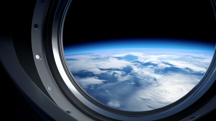 Fototapeta premium View from space station porthole window looking down at Earth from orbit View from inside a space station through a circular porthole window, looking down at Earth from orbit, real