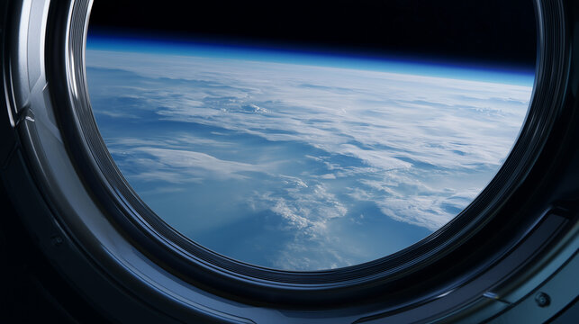 View from space station porthole window looking down at Earth from orbit View from inside a space station through a circular porthole window, looking down at Earth from orbit, real