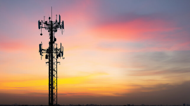 Wireless communication infrastructure tower silhouetted at sunset with multiple antennas Industrial telecommunication tower with multiple antennas and satellite receivers standing