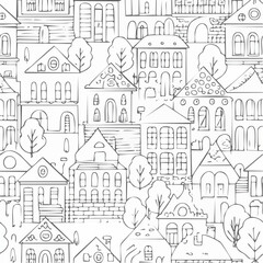 Fototapeta premium Black and white line doodle seamless pattern. Cute, funny creative minimalist style art background.