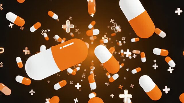 Orange and white capsules and plus signs floating against black
